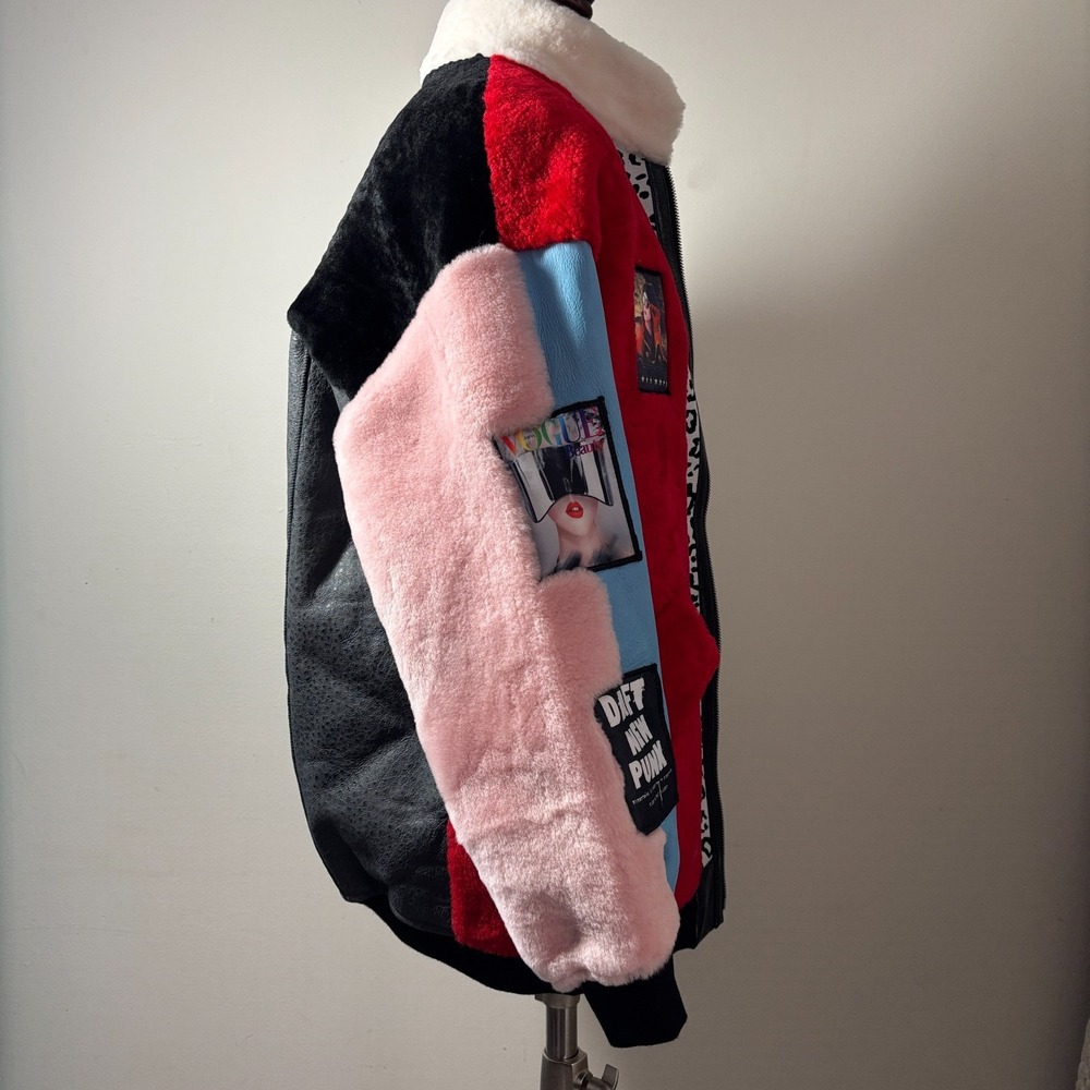 Real Fur Sherpa Patchwork Jacket Multi-Color Pop Art Bomber NWOT